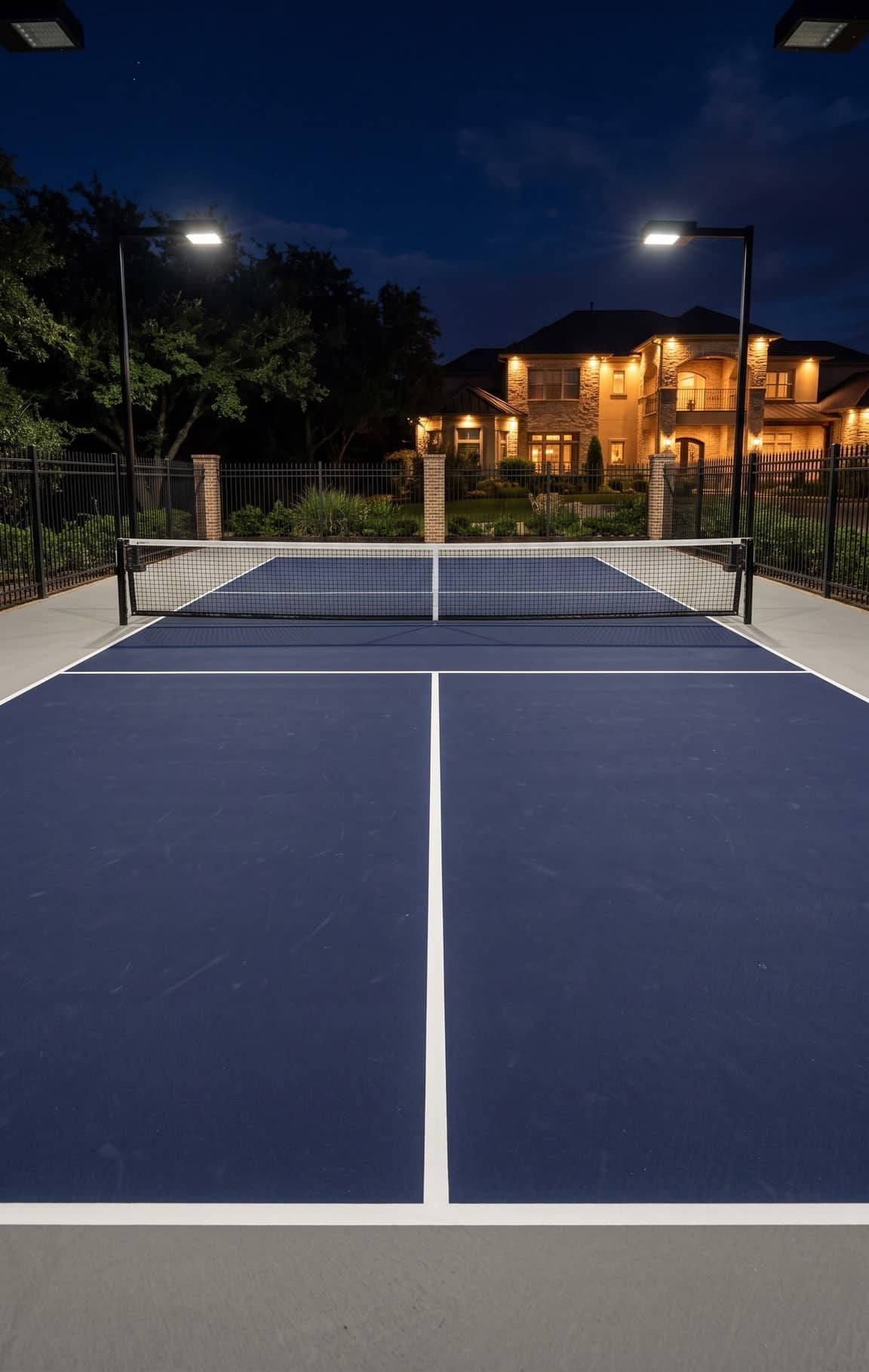 A backyard pickleball court under bright court lights at night