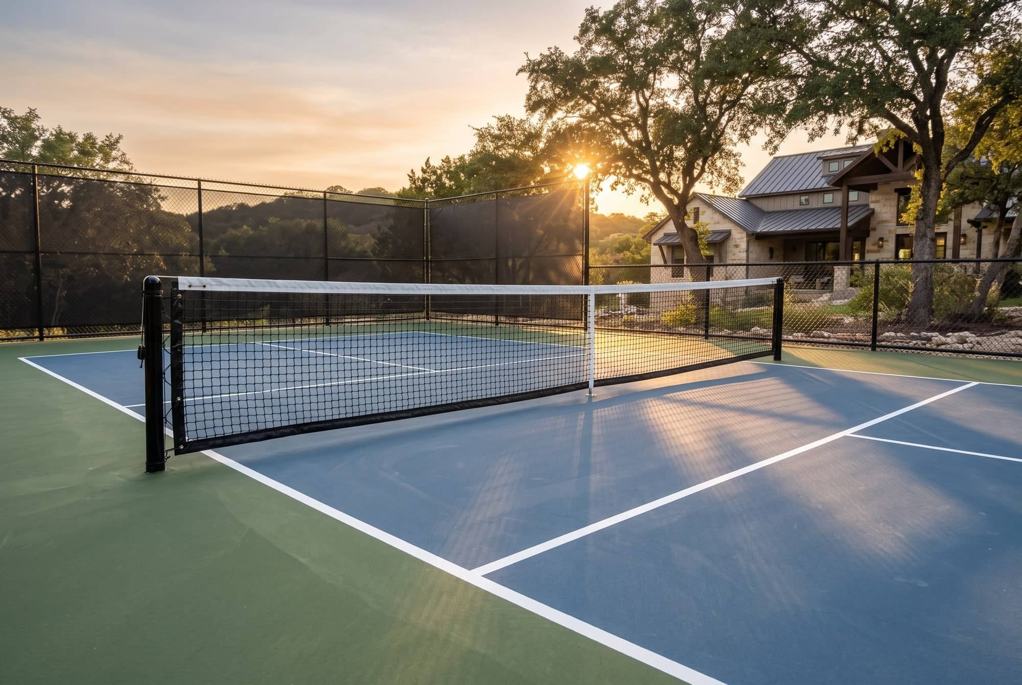 Pickleball court with a blue and green surface at golden hour
